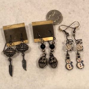 Onyx & sterling skull & snowman earrings- 3 pairs